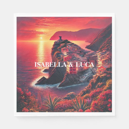 Italienisch Sunset Coastal Bold Rot & Orange Farbe Serviette (Vorderseite)