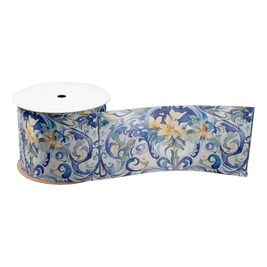 Italienisch Tile Blue n White Yellow Flowers Decou Satinband (Spule)