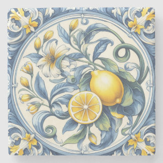 Italienische Amalfi-Blau-Weiß-Fliesen Zitronen Steinuntersetzer