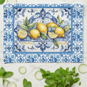 Italienische Amalfi blaue weiße Fliesen Zitronen Geschirrtuch