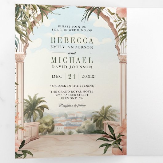 Italienische Amalfi Küste QR Code Hochzeit Dreifach Gefaltete Einladung (Innen Erste Seite)