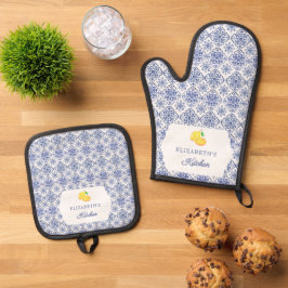 Italienische blaue Zitronenfliese personalisiert m Ofenhandschuh & Topflappen-Set