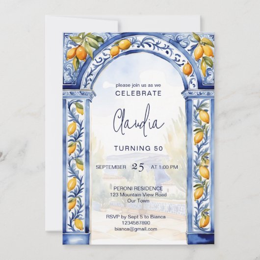 Italienische Blauer Fliesenbogen Geburtstagsparty Einladung (Vorderseite)