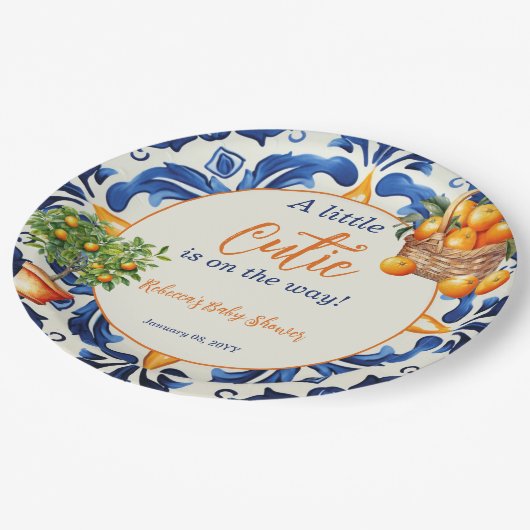 Italienische Blauer Tile Süsse Orange Citrus Baby  Pappteller (Schrägansicht)