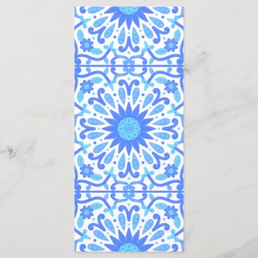 Italienische Blue Tile Baby Dusche Minimalistisch Menükarte (Rückseite)