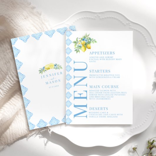 Italienische Blue Tiles Lemon Floral Wedding Karte