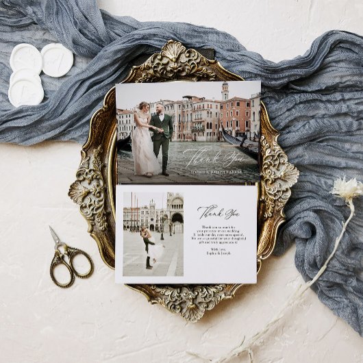 Italienische Elegance Klassische Schrift Zwei-Foto Dankeskarte