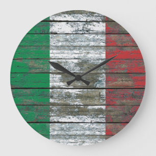 Italienische Flagge auf rauem Holz verschalt Große Wanduhr