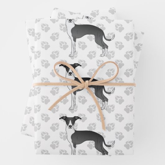 Italienische Grauhunde mit Paws in Schwarz und Wei Geschenkpapier Set (Beispiel)