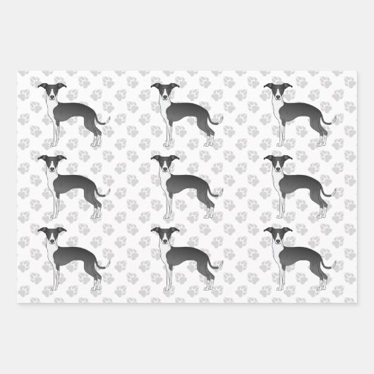 Italienische Grauhunde mit Paws in Schwarz und Wei Geschenkpapier Set (Vorderseite)