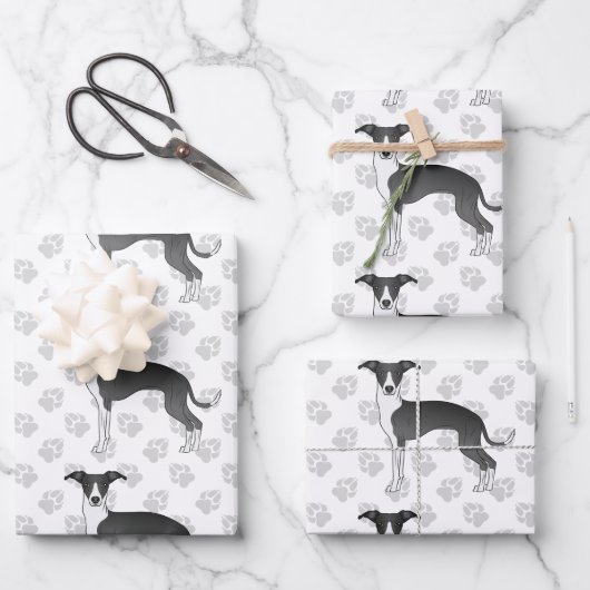 Italienische Grauhunde mit Paws in Schwarz und Wei Geschenkpapier Set (Vorderseite)