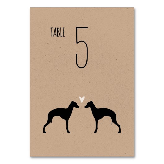 Italienische Greyhound-Silhouetten Hochzeitsempfan Tischnummer (Vorderseite)