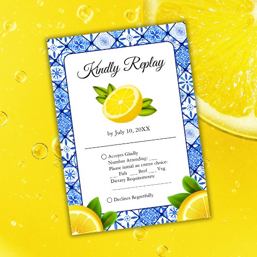 Italienische Hochzeit der blauen Tile Lemon RSVP Karte