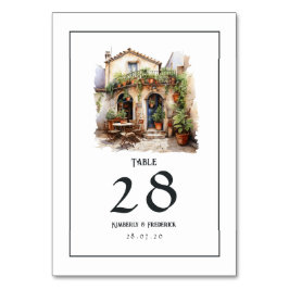 Italienische Hochzeit in Urlaubsort Wasserfarbe Tischnummer