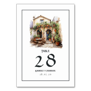 Italienische Hochzeit in Urlaubsort Wasserfarbe Tischnummer