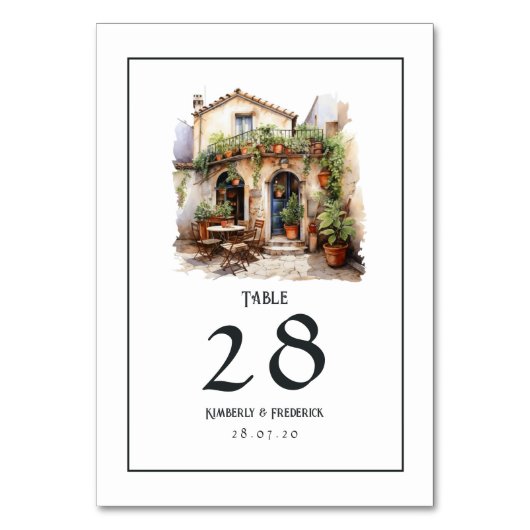 Italienische Hochzeit in Urlaubsort Wasserfarbe Tischnummer (Vorderseite)