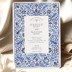 Italienische Hochzeit mit blauem Tile Einladung