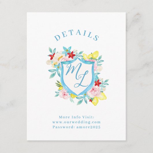 Italienische Hochzeitdetails Amalfi Monogram Wappe Begleitkarte (Vorderseite)