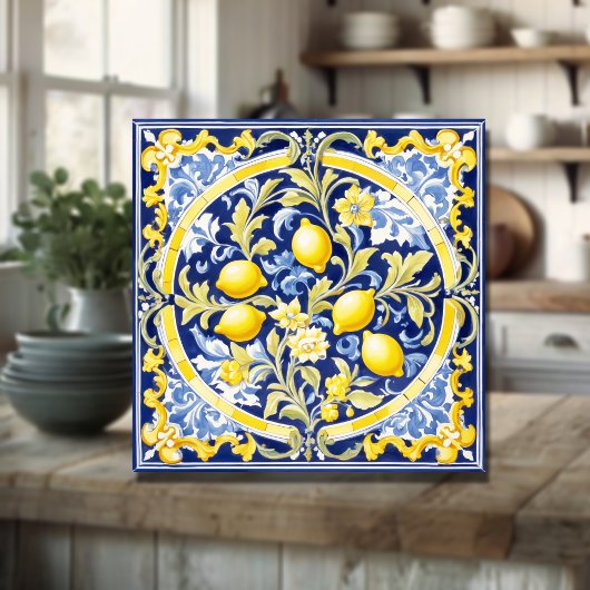Italienische Keramik Lemon Tile Blue Majolica Fliese