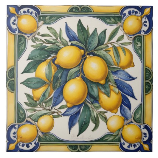 Italienische Keramik Lemon Tile Blue Majolica Fliese (Vorderseite)