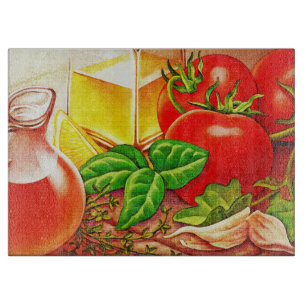 Italienische Kochzutaten Tomaten und Basilikum ges Schneidebrett