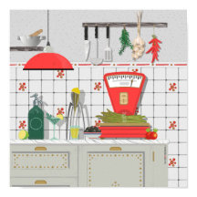 Italienische Küche mit rotem Maßstab und Spargel