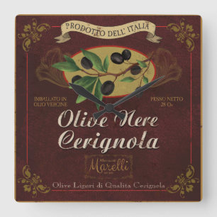 Italienische Küchen-Uhr, Retro Oliven-Aufkleber Quadratische Wanduhr