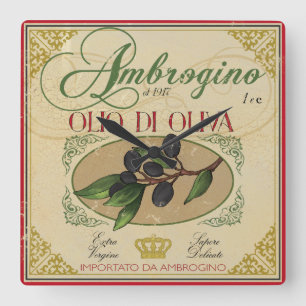 "Italienische Küchenuhr, Vintages Olivenöletikett Quadratische Wanduhr