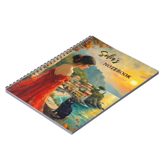 Italienische Küste mit Lady und Black Cat Notebook Notizblock (Linke Seite)