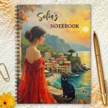 Italienische Küste mit Lady und Black Cat Notebook