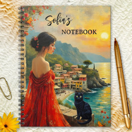 Italienische Küste mit Lady und Black Cat Notebook Notizblock
