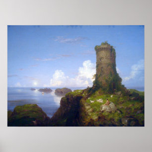 Italienische Küsten-Szene mit ruiniertem Turm - Poster