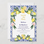 Italienische Lemon Blue Tiles Mediterranean Weddin Save The Date (Vorderseite)