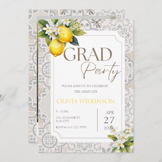 Italienische Lemon Graduation Party in Beige Medit Einladung (Vorne/Hinten)