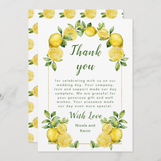 Italienische Lemon Greenerity Frame Wedding Dankeskarte (Vorne/Hinten)