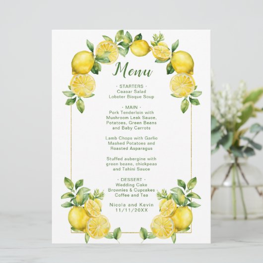 Italienische Lemon Greenerity Frame Wedding Menükarte (Stehend Vorderseite)