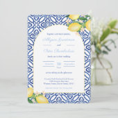 Italienische Lemons Arch Shape blaue weiße Fliesen Einladung (Stehend Vorderseite)