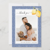 Italienische Lemons Blue Tile Foto Hochzeit in Url Dankeskarte (Vorderseite)