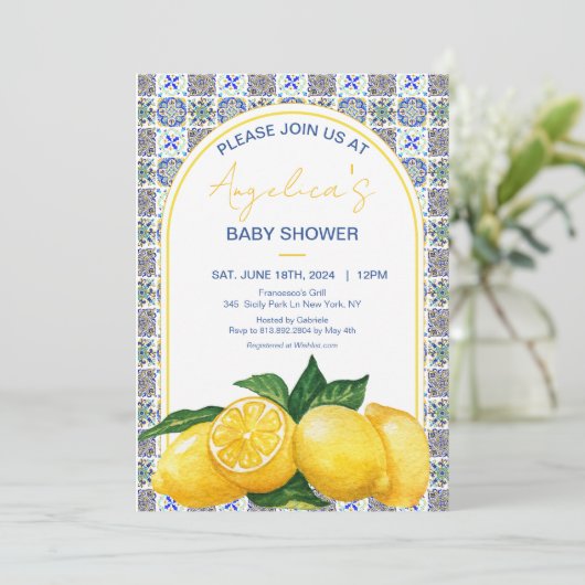 Italienische Mediterrane Lemon Mosaik Babydusche Einladung (Stehend Vorderseite)