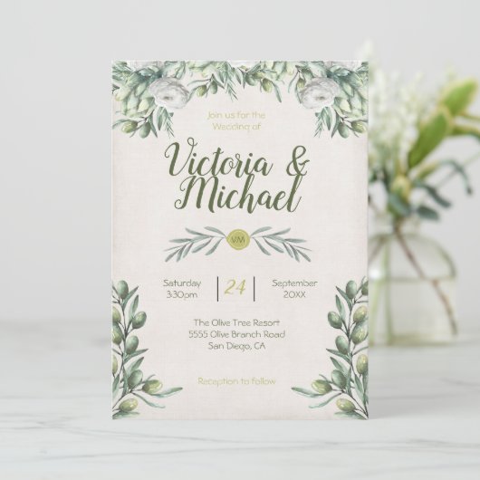 Italienische Olivenzweig Hochzeitsfeiern Einladung (Stehend Vorderseite)