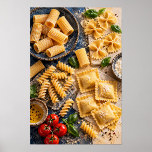 Italienische Pastavarietät mit frischem Basilikum Poster
