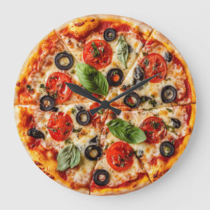Italienische Pizza mit Tomaten, Oliven und Basilik Große Wanduhr