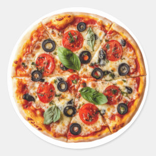 Italienische Pizza mit Tomaten, Oliven und Basilik Runder Aufkleber