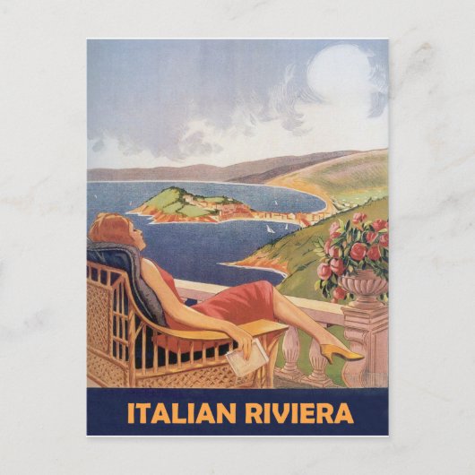 Italienische Riviera, Frau auf der Hotelterrasse, Postkarte (Vorderseite)