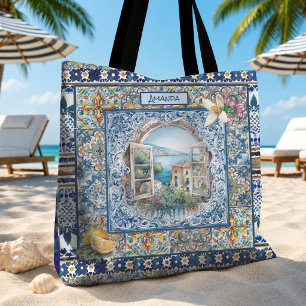 Italienische Sommerblau Blumen-Zitrus-Monogramm-Ge Tasche