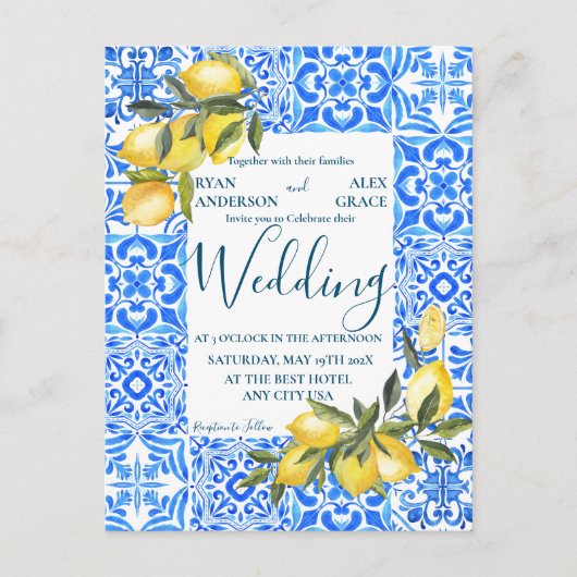 Italienische Tile Wasserfarbe mit Lemon Wedding Postkarte (Vorderseite)