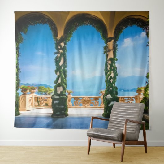 Italienische Villa Beach Szene Türkisblau Wandteppich (Beispiel (Horizontal))