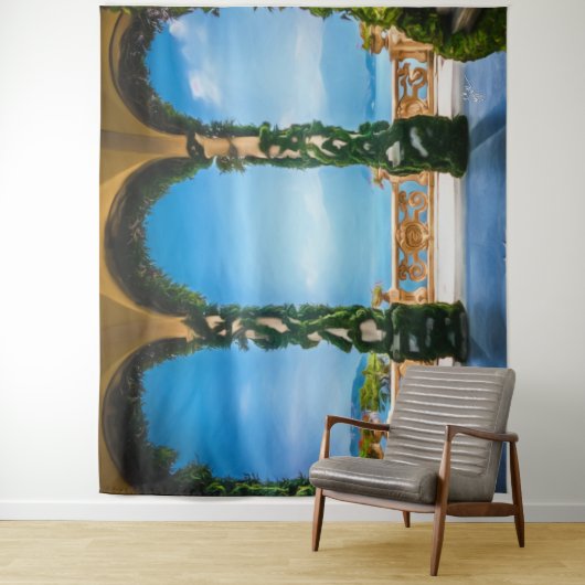 Italienische Villa Beach Szene Türkisblau Wandteppich (Beispiel)