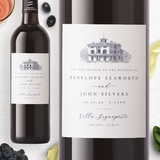 Italienische Villa Illustration Hochzeit Einladung Weinetikett