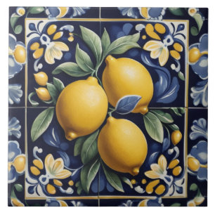 Italienische Zitronen-Volks kunst dunkelblau Folkl Fliese